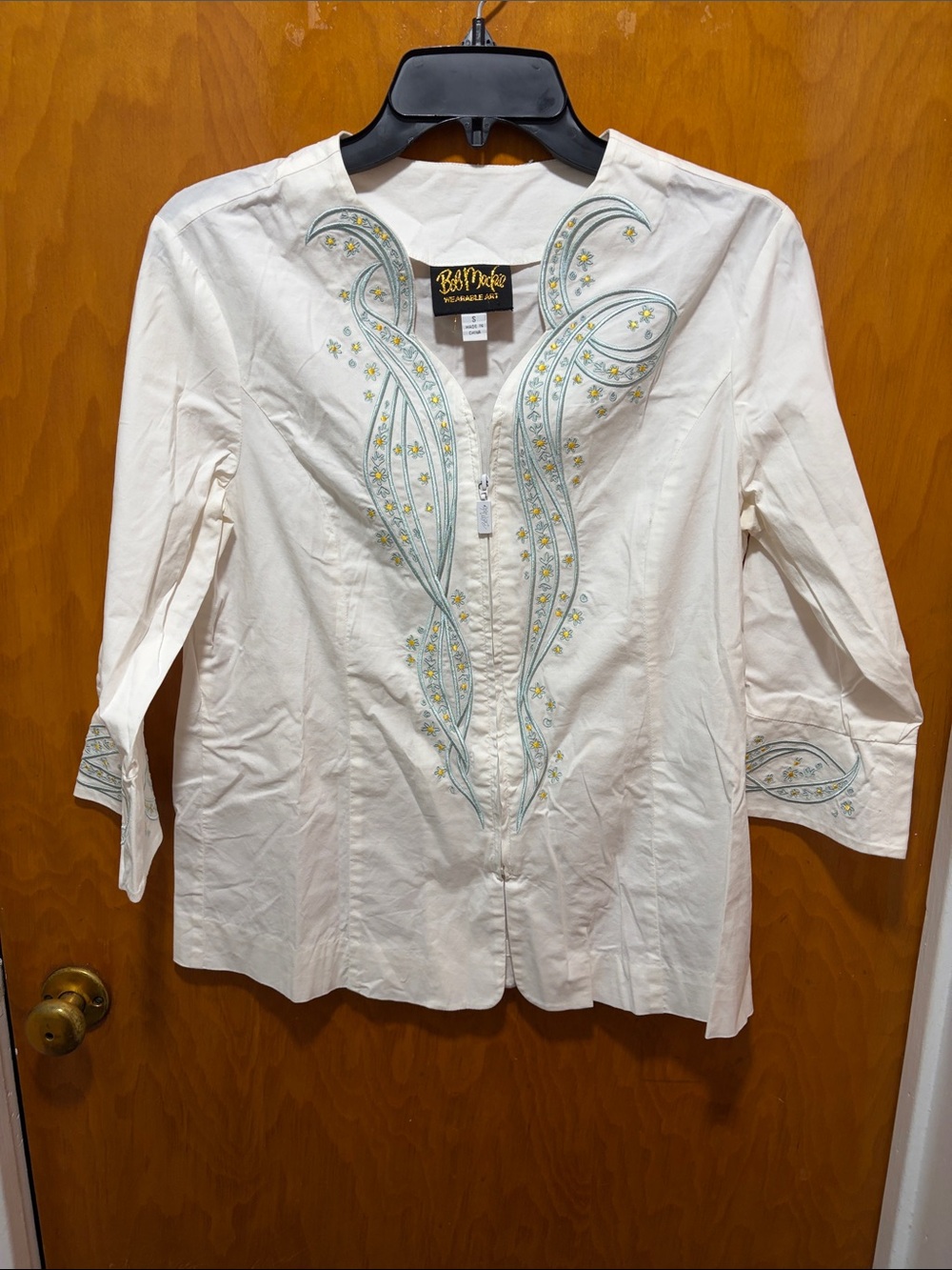 Bob Mackie Cream Tunic with Pale Green Embroidery and Yellow Floral Accents